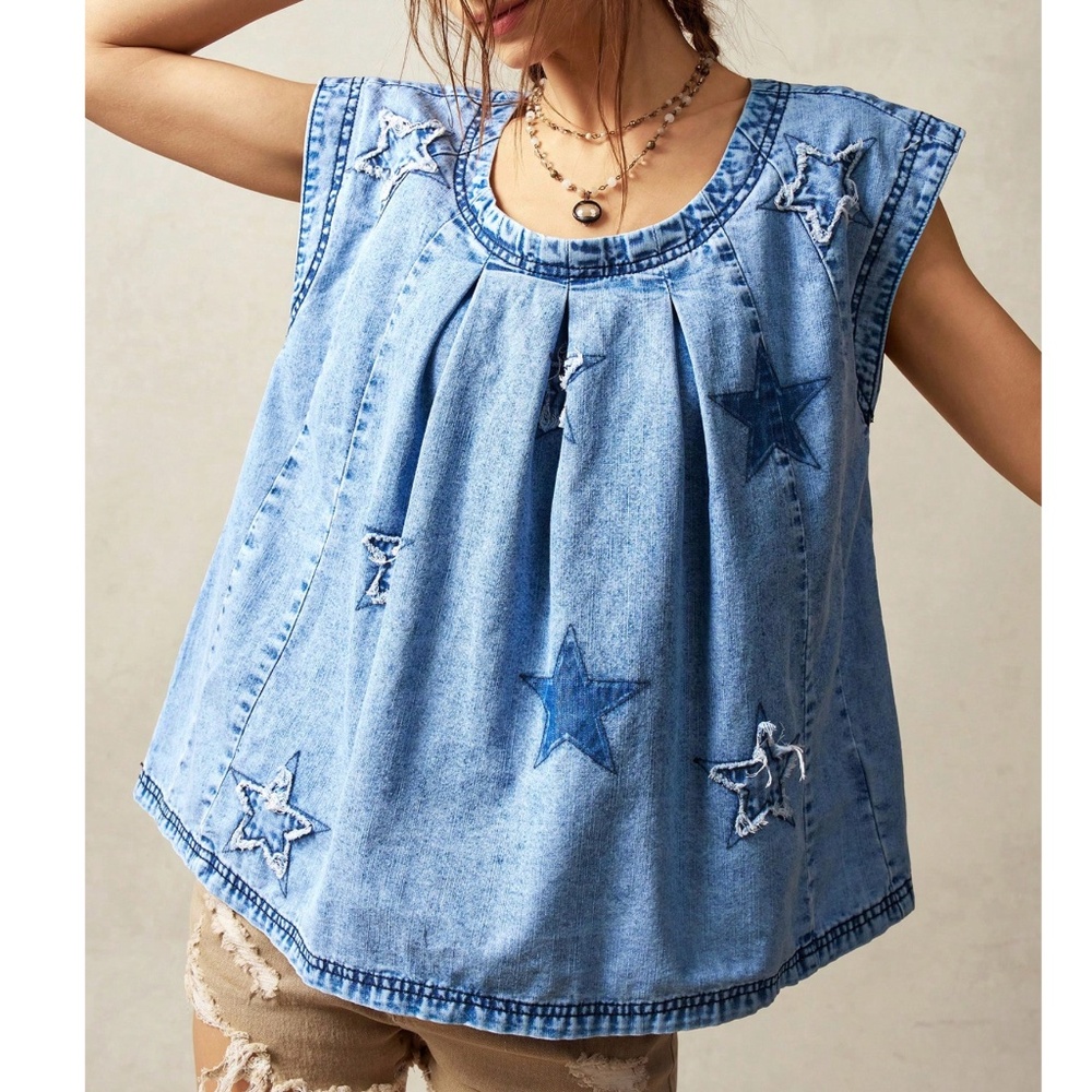 Be 4th of July ready; Medium Wash Denim Blue Star Print Oversized Top